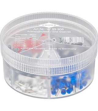 Sortimentsboxen mit isolierten Aderendhülsen, 0,5 bis 2,5 mm², vollisoliert, weiß/grau/rot/schwarz/blau, 400 Stück