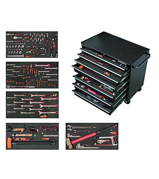 Toolbox with wheels, including maintenance tool set for offshore oil and gas derricks, 131 pieces