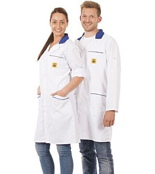 ESD work coat, unisex, white/blue, 3/4 length