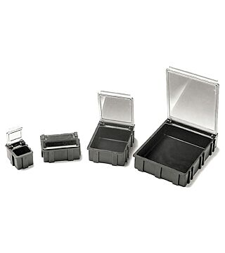 SMD-Klappbox, schwarz mit transparentem, metallisiertem Deckel, 37x12x15 mm