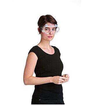 Okulary pełno wizyjne, regulowany elastyczny pasek, odpowiednie dla osób noszących okulary.