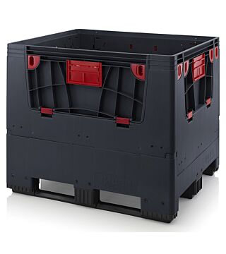 Klappbare ESD-Bigbox mit 4 Eingriffsklappen, 3 Längskufen, , schwarz, 1200x1000x1000 mm