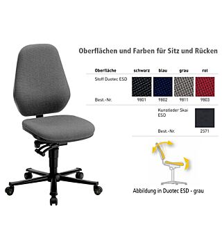 ESD Stuhl BASIC 2 mit Rollen, Stoff Duotec schwarz, Permanentkontakt und Sitzneigung, Lehne 530 mm