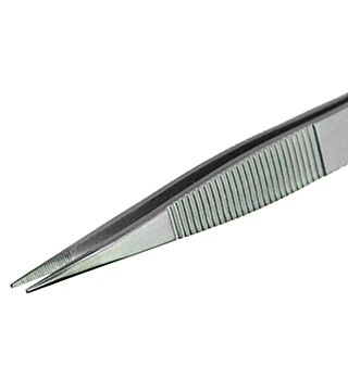 Tweezers, with thick flat tips and serrated internally and externally , 120 mm