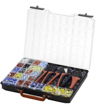 Stripping and crimping tool set 4 pcs. with fasteners 2.600 pcs. Color code DIN in assortment box (43984)