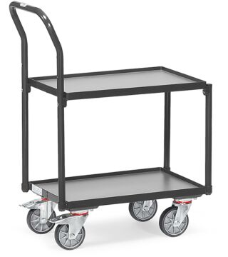 Shelf trolley "GREY EDITION", load capacity 250kg, with 2 shelves made of wood, with 15mm edge, with tubular push handle, 605x405mm