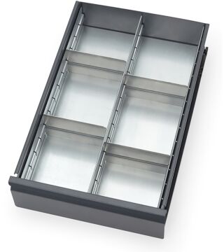 Drawer partition set, zinc plated sheet steel, plug-in, 1 longitudinal divider and 4 dividers, 470x280mm