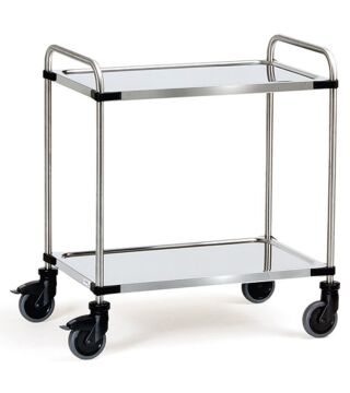 Stainless steel trolley, 2 shelves, pipe pusher, 120 kg, 800 x 500 mm