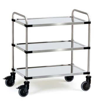 Stainless steel trolley, 3 shelves, 150 kg, 800 x 500 mm, tube push handle