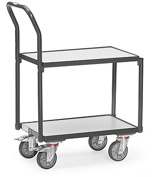 ESD eurobox trolley, max. load 250kg, with 2 wooden shelves and 7mm rim, tubular push bar, 605x405mm