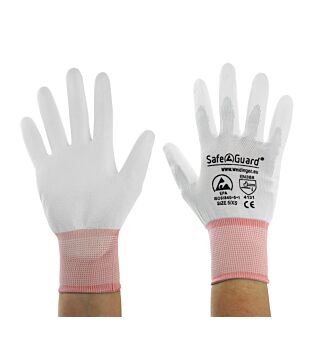 ESD-Handschuh, weiß, beschichtete Handflächen, Nylon/Carbon