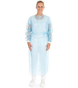 Protective gown Ultra Protect, PP, PE fully laminated, 150x152cm, with knitted cuffs, blue, size XL