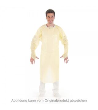 Examination gown, CPE, 115cm, with thumb hole, yellow, size XL