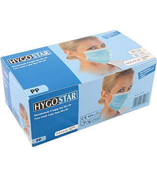Hygostar mondbeschermer PP, blauw, type IIR, 3-laags, elastieken, PU: 50 stuks.