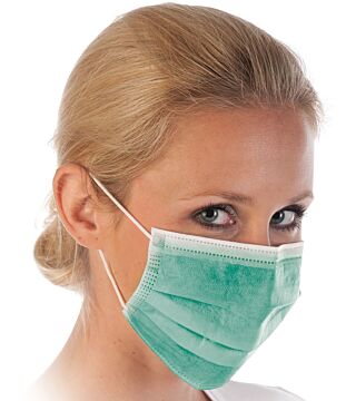 Hygostar face mask PP, green, type II 3-layer (99%), elastic bands, dispenser box