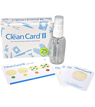 Clean Card PRO, zestaw startowy, 25 kart kontrolnych, butelka PET, karta obrazkowa, szybki test higieny