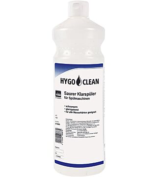 HygoClean brillantante acido per lavastoviglie, 1l, valore di pH 3, delicato sul decoro, poco schiumogeno