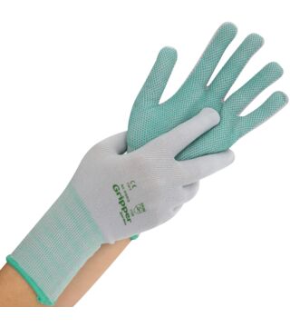 Hygostar fine knitted gloves Gripper Garden, nylon grey, size XL/10, green PVC-nubs