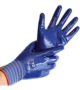 Hygostar nylon fine knit gloves SKUBA, 4/4 nitrile coating, blue