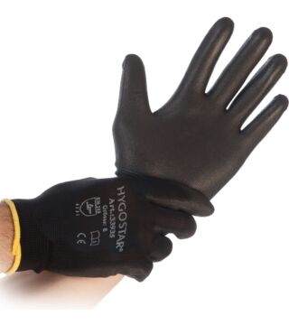 Hygostar fijngebreide handschoen BLACK ACE PU coating, zwart