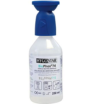 Hygostar oogspoelfles BioPhos74, 250ml voor chemische brandwonden.