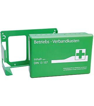 First aid box, green, DIN13157, basic equipment incl. wall holder
