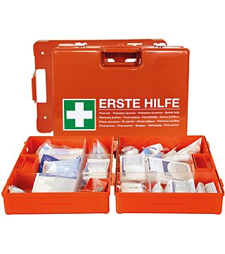 First aid kit, orange, DIN13169, incl. wall holder