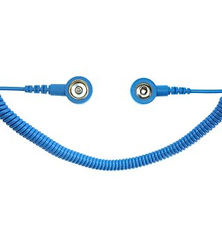 ESD spiral cable, 2 MOhm, light blue, 2.4 m, 3/10 mm snap fastener