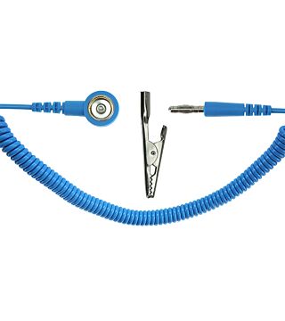 ESD spiral cable, 1 Mohm, light blue, 2,4 m, 10 mm snap fastener, banana plug, crocodile clip