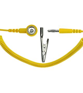 ESD-Spiralkabel, 1 MOhm, gelb, 2,4 m, 10 mm Druckknopf, Bananenstecker, Krokodilklemme