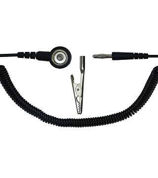 ESD spiral cable, 1 Mohm, black, 3,6 m, 10 mm push button, banana plug, crocodile clip