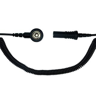 ESD spiral cable, 1 MOhm, black, 3 mm push button, banana plug socket, various versions