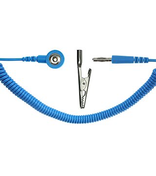 ESD spiral cable, 1 MOhm, light blue, 3 mm push button, banana plug, crocodile clip, various versions