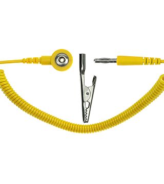 ESD-Spiralkabel, 1 MOhm, gelb, 2,4 m, 3 mm Druckknopf, Bananenstecker, Krokodilklemme