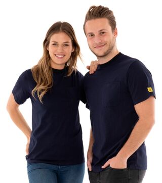 ESD-T-Shirt rundhals blau, Brusttasche, 150g/m²