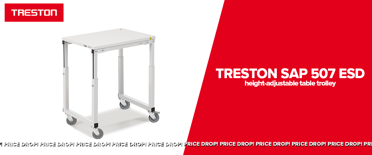 Treston header with a Treston table trolley with white and red background