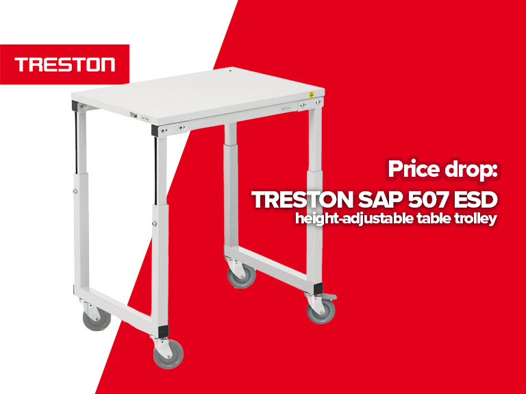 Treston header with a Treston table trolley with white and red background